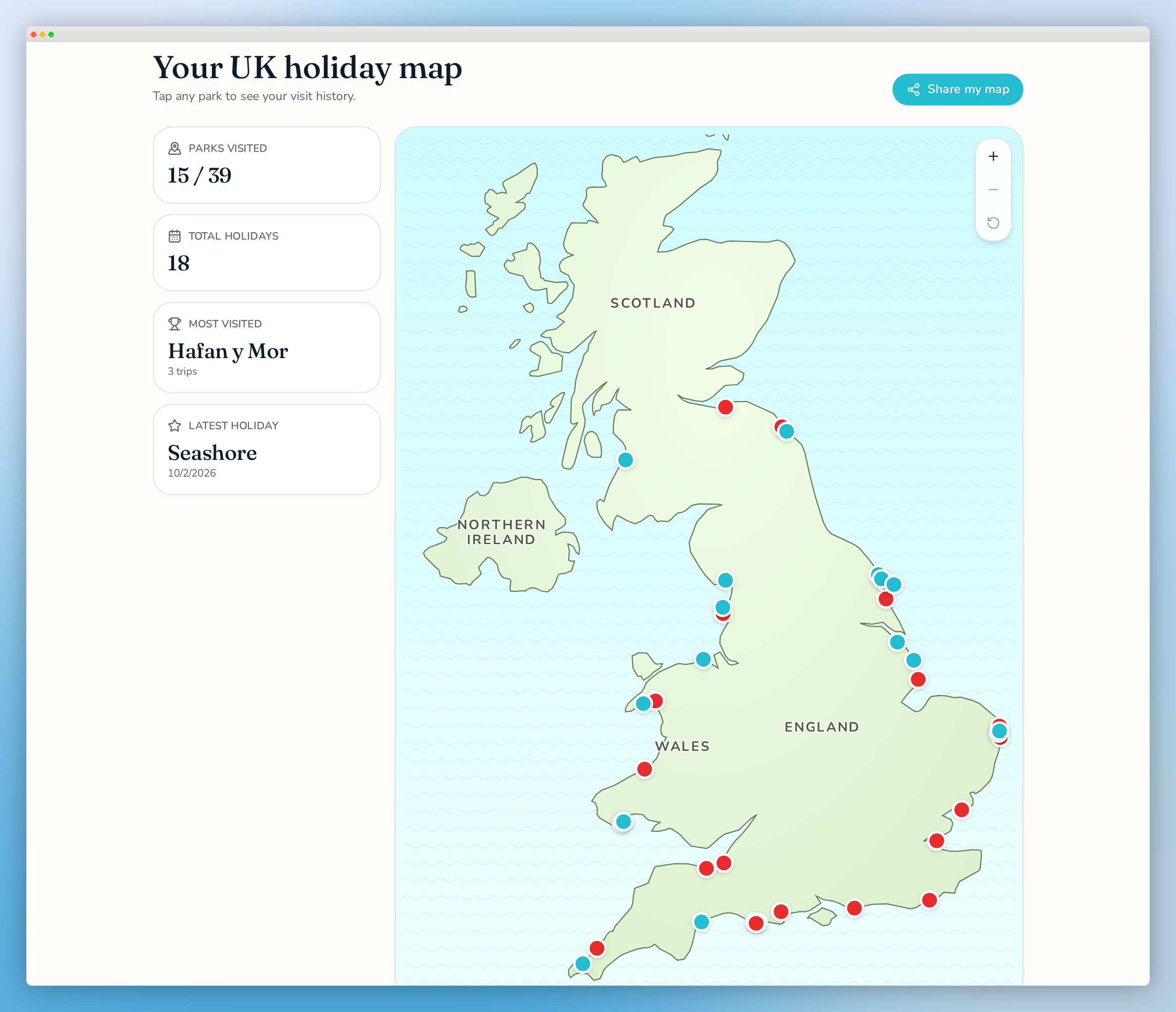 Preview of your interactive UK map dashboard with parks visited, total holidays and most-visited stats